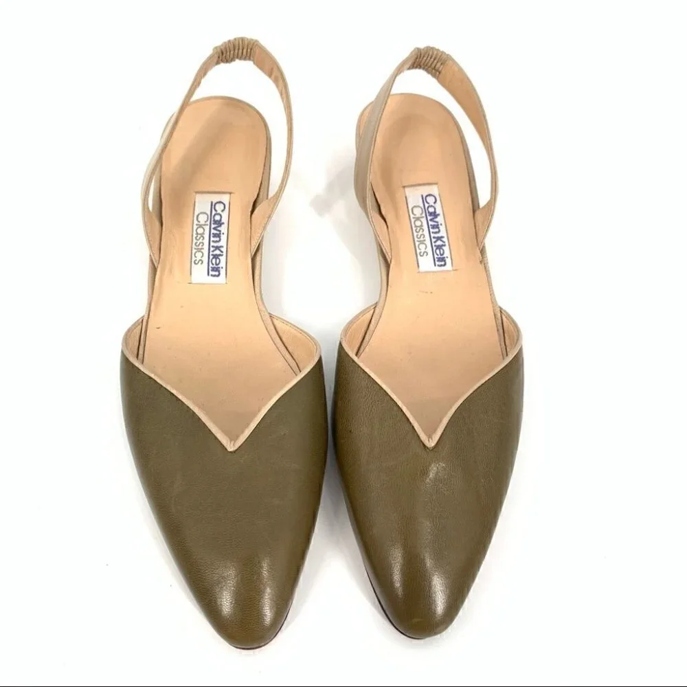 New Calvin Klein Classics heel 8 N olive green  Tan Italian leather vintage 80s